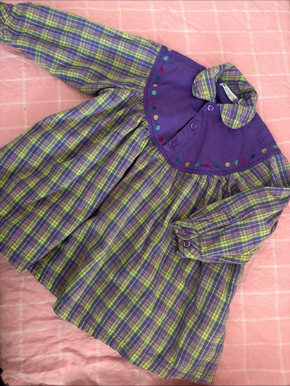 Vintage 90s Esprit Mini Purple Dress with Pastel Plaid Collar Toddler